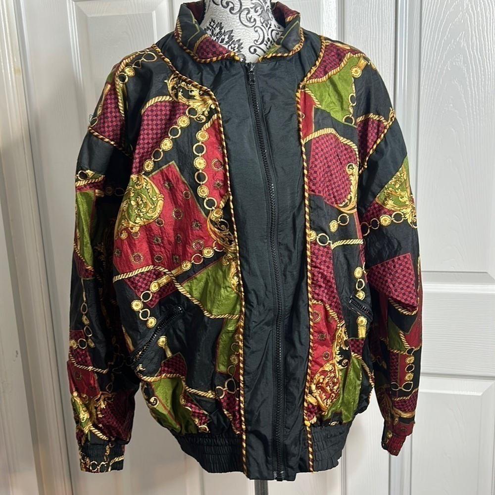 Vintage Razzle Crazy Print‎ Windbreaker Type Jacket XL Red Black Chain Gold